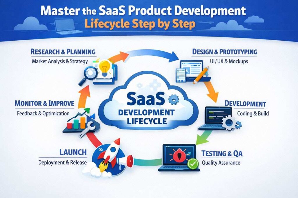 Diagram of SaaS product development lifecycle showing stages from idea validation to scaling and optimization