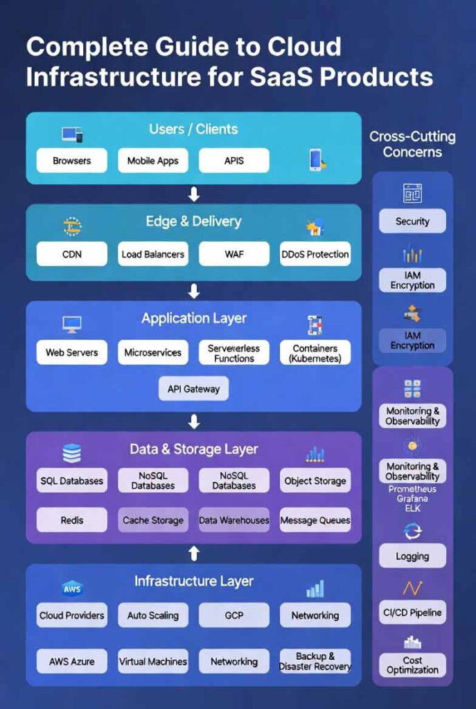 Cloud infrastructure network powering scalable SaaS applications with secure servers and data storage